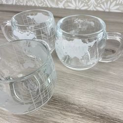 Vintage NESTLE NESCAFE Etched Clear Glass World Globe Map Coffee Mugs & Sugar & Creamer