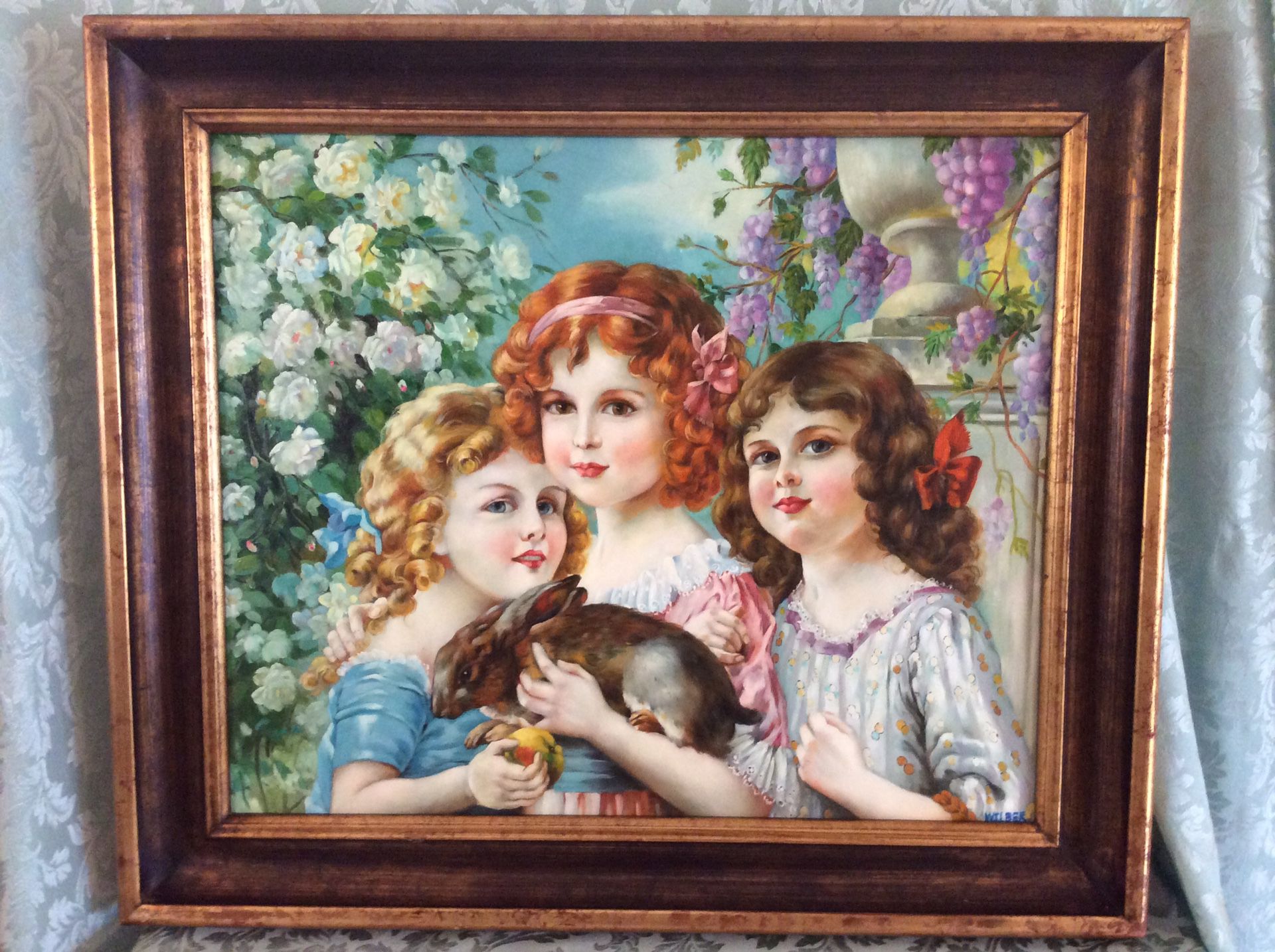 Stunning 3 Girls And Bunny Rabbit Oil Painting Signed