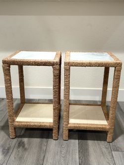 Pair of Designer Woven Marble Top Side End Tables