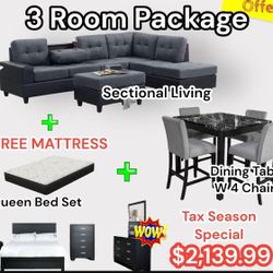 NEW 3ROOM PACKAGE DEAL- BED MATTRESS DINING ROOM SECTIONAL SOFA AND MORE 