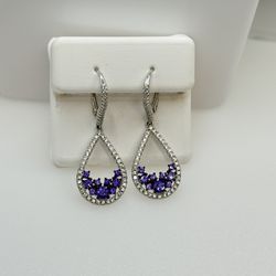 925 Sterling Silver Purple Dangling Earrings 
