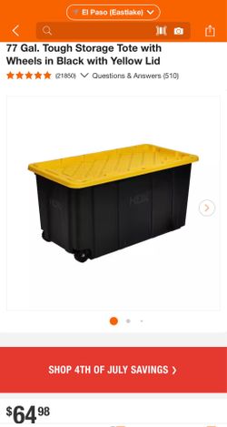 77 Gal. Tough Storage Tote with Wheels in Black with Yellow Lid