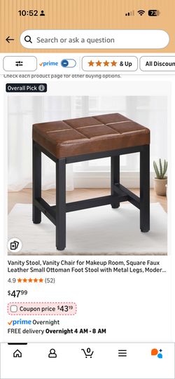 Vanity Stool, Vanity Chair for Makeup Room, Square Faux Leather Small Ottoman Foot Stool with Metal