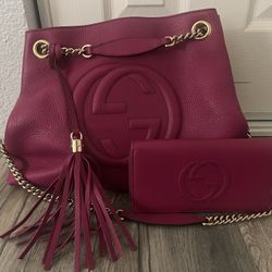 GUCCI Cellarius Calfskin Medium Soho Chain Shoulder Bag and Wallet Bright Bouganville