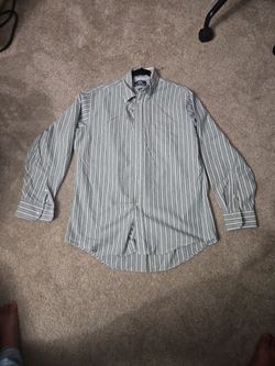 Stafford brand men's long-sleeve button-down shirt featuring a sage/mint green and white vertical stripe pattern