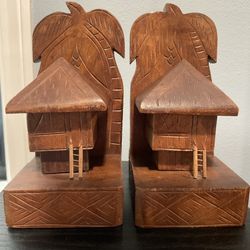 Vintage Hand Carved Wooden Tiki Bookends Wood Polynesian Hut Tropical Palms