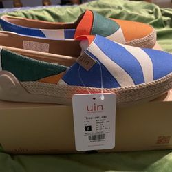 UIN Women's Espadrilles Slip Ons Knitted Lightweight Walking Casual Loafers Comfortable Art Painted Travel Shoes Marbella II Size 8W