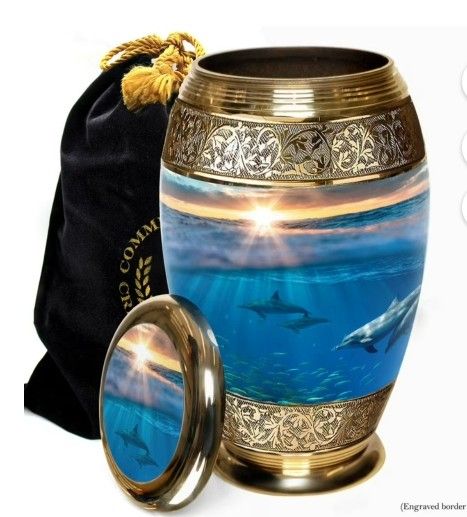 X-large Urn gold trim and dolphins