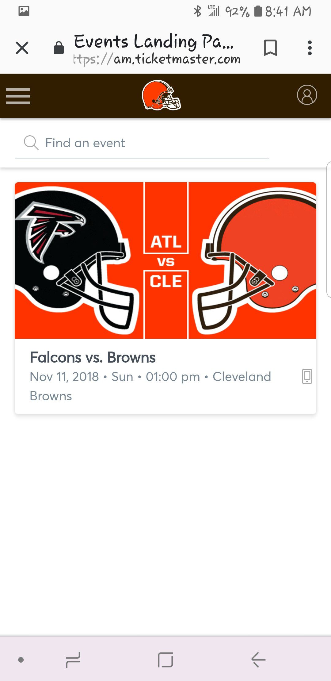 2 tickets to Cleveland Browns vs Atlanta Falcons