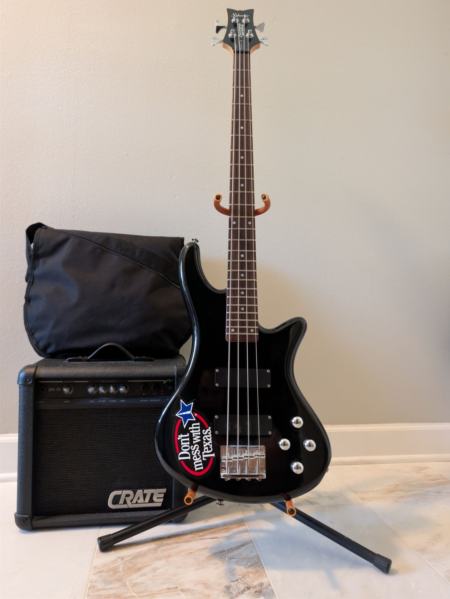 Schecter Bass Guitar, Amp, Stand, & Case