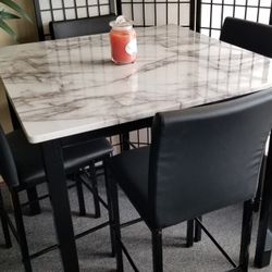 Brand New White Faux Marble Counter High Dining Table (40×40×36H) + 4 Black Faux Leather Chairs