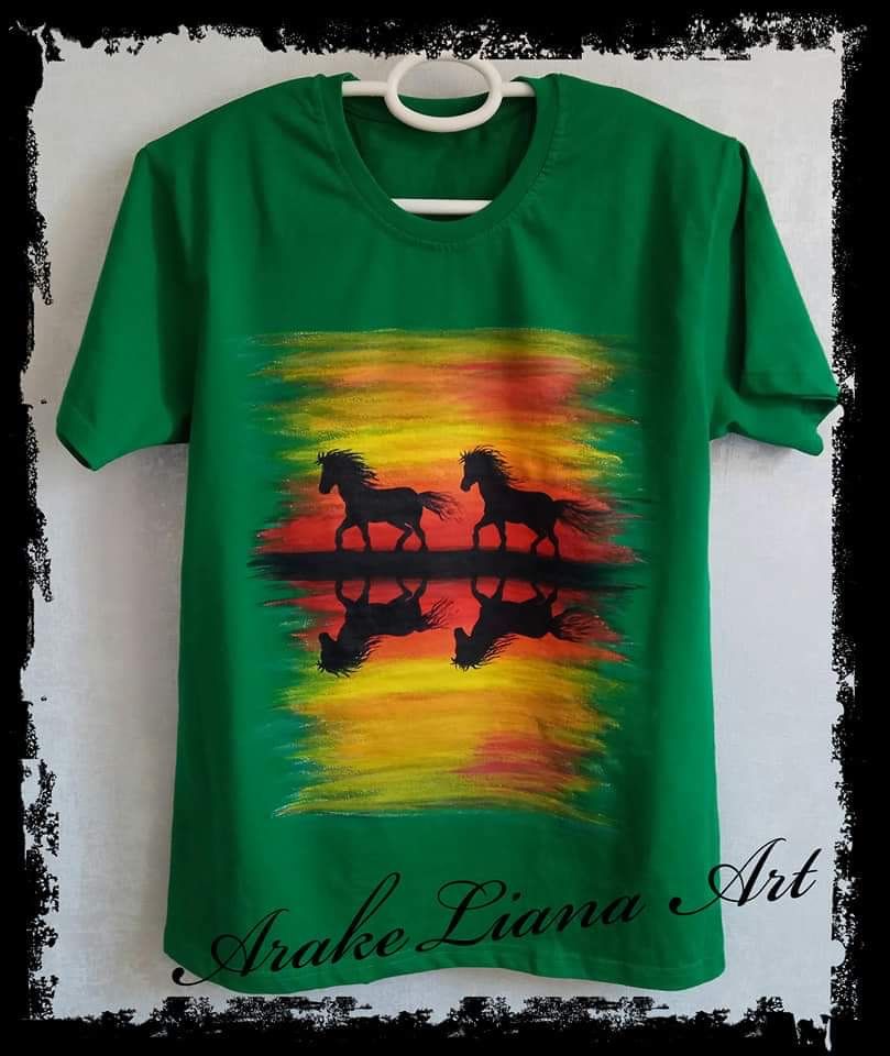 Handmade green T-shirt with horses