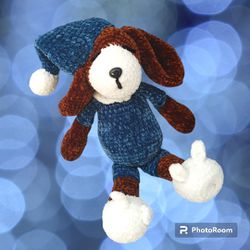 Velvet crochet Brown dog with Blue pajamas and bunny slippers