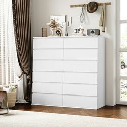Set Of 2, 6 Drawer White Dresser, Modern Storage Cabinet for Bedroom, Vertical Chest of Drawers for Living Room