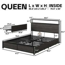 Lifezone Queen Size Bed Frame with 2-Tier Bookcase Headboard Platform Bed with Charging Station & LED, 4 Storage Drawers, Metal Support, No Box Spring