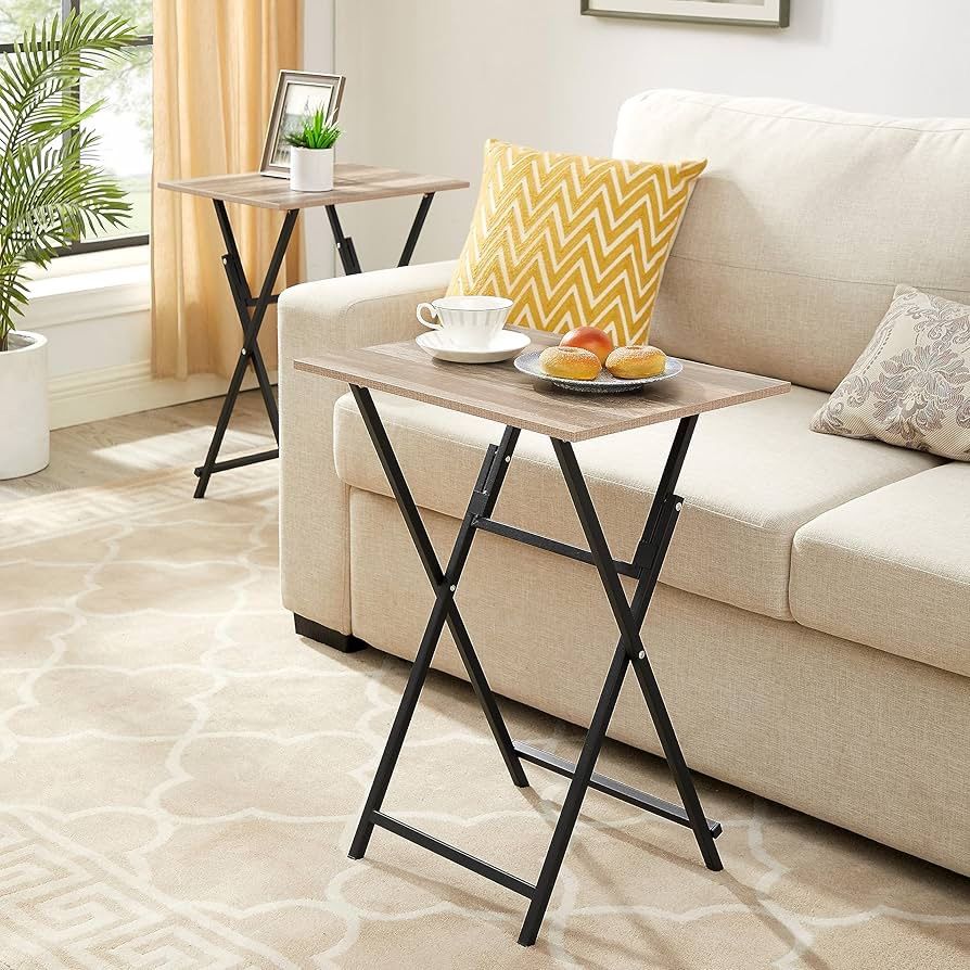 2-Piece Folding TV Tray Table Noassembly Required Portable Sofa Side Table, Industrial Snack Table for Small Spaces, Space-Saving Easy to Fold Wood Ru