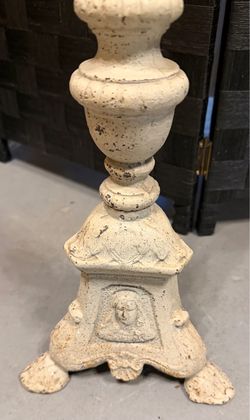 Heavy Cast Metal Floor Pillar Candle Holder – 27” Tall – Distressed Ivory
