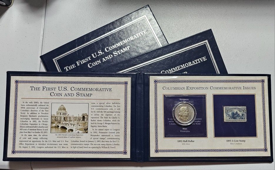 3-1892 Silver Columbian Exposition Dollars with an 1893 1-cent stamp