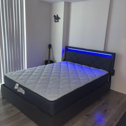 Modern Platform Bed Frame with LED Headboard & Storage Drawers