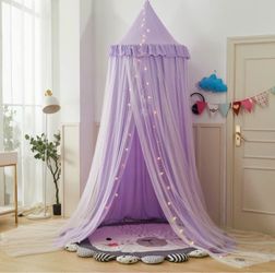 Princess Bed Netting Canopy Round Dome Canopy Blackout Mosquito Repellent Mosquito Net with Star String Lights (Purple)