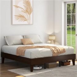 King Bed Frame Natural Solid Wood Platform Bed with Wooden Slats Support, 12-inch Underbed Space for Storage, Noise-Free Design, Easy Assembly, Dark W