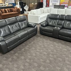 Soft Charcoal Gray Leather Reclining Sofa Set 