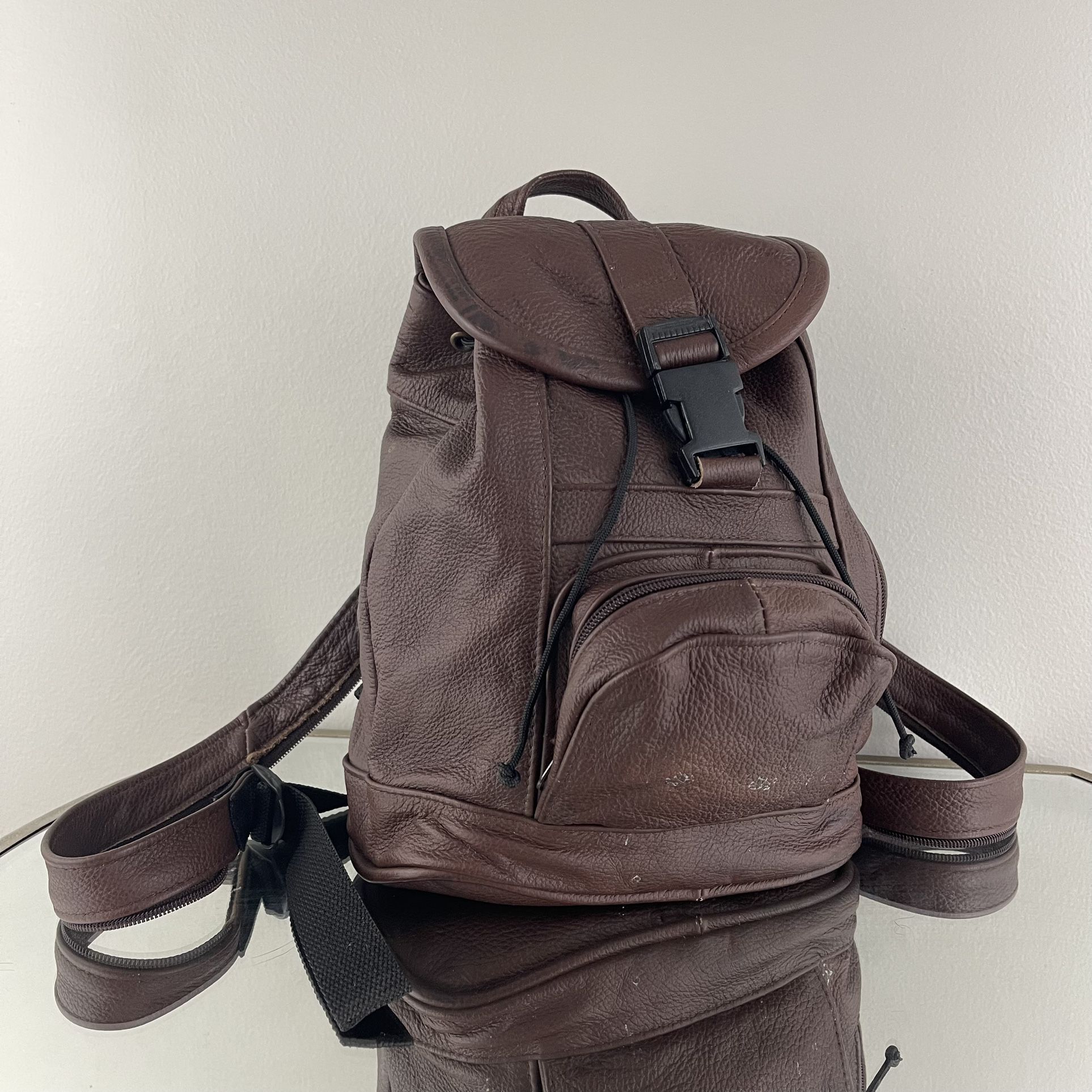 Vintage Dark Brown Genuine Leather Bucket Drawstring Mini Backpack