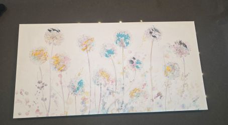34x17 White Abstract Dandelion Floral Canvas Wall Art
