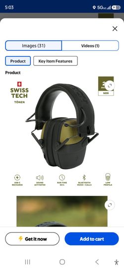 Swiss Tech Electronic Hearing Protection Earmuffs with Bluetooth, Rechargeable, NRR 25dB, Tonen