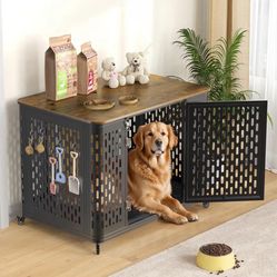 43.7-inch large dog crate with flip-top, padding and wheels.
