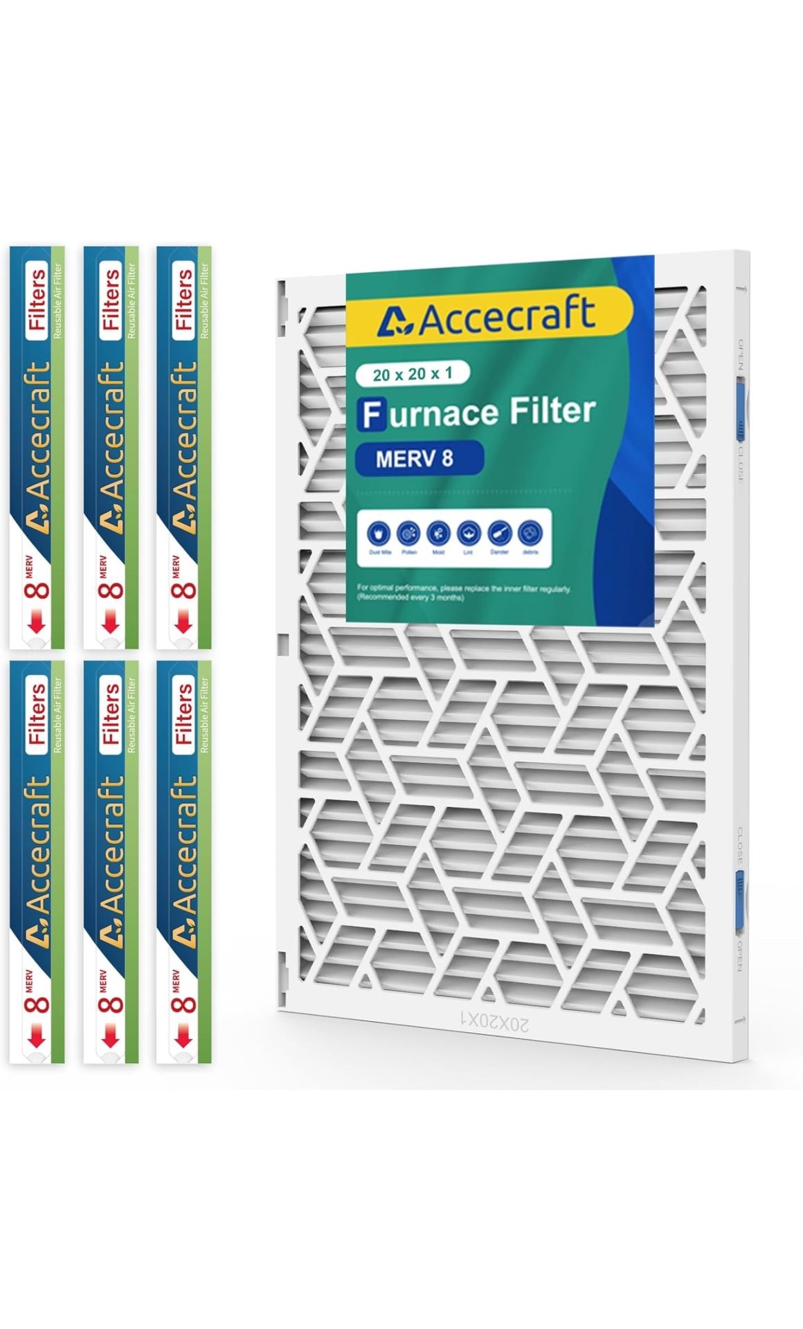 Accecraft 20x20x1 Reusable Air Filter Frame w/ 6 MERV 8 Air Filters