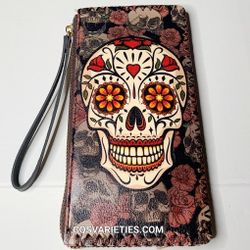 New Skull Calavera Day Of The Dead Print Wristlet Wallet Clutch Purse Bag
