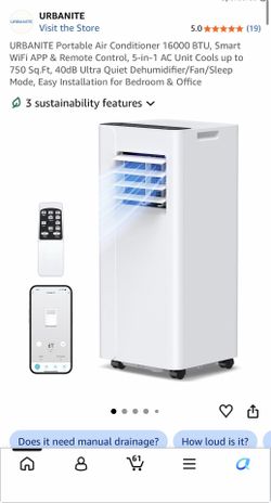 URBANITE Portable Air Conditioner 16000 BTU, Smart WiFi APP & Remote Control, 5-in-1 AC Unit Cools up to 750 Sq.Ft, 40dB Ultra Quiet Dehumidifier/Fan/