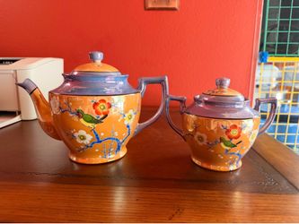 Vintage R.S. Japan Lustreware Teapot & Covered Sugar Bowl Bird Blossom