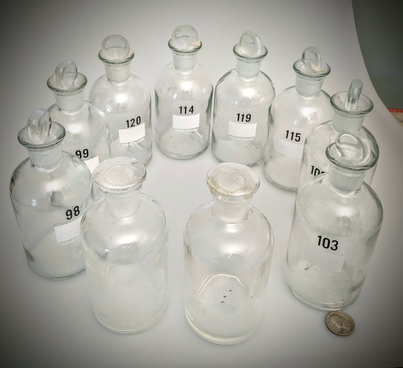 Wheaton /Pyrex 250mL Glass Reagent Storage Bottles W/ Ground Glass Stoppers