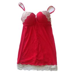 34C XS-Small Victoria’s Secret Red With White Lace Lingerie Chemise Nightgown