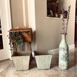 Metal vase and 2 metal planter pots house decorations