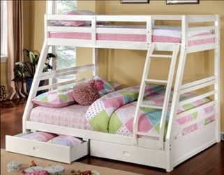 Brand New White Twin Over Full Bunk Bed with Trundle Drawers