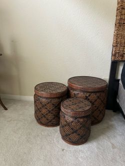 Set of 3 vintage leather and wicker baskets