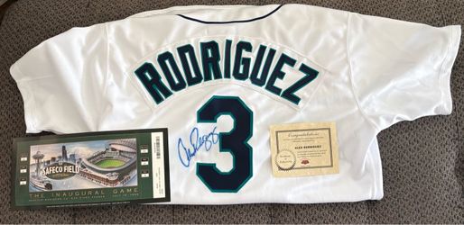 Alex Rodriguez game issued signed jersey with COA/ included is the inaugural game ticket unused for the opening of Safeco field.