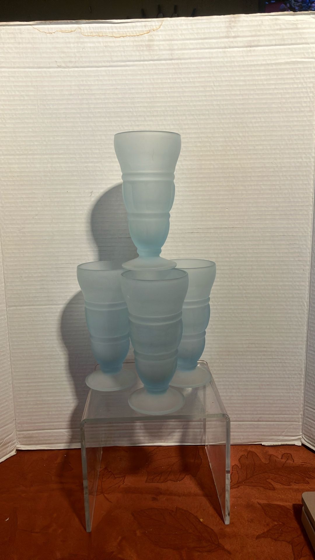 Vintage 4 Pc Set Of Indiana Glass Blue Frosted Soda Fountain Glasses Tumblers
