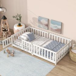 Twin Size Floor Bed with Door and Fence, UHOMEPRO Montessori Floor Bed with Slats and Safety Guardrails, Solid Wood Twin Bed Frame for Bedroom, White