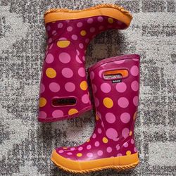 Bogs Kids Tall Rubber Rain Boots Pink Yellow Polka Dots size 3 Youth  