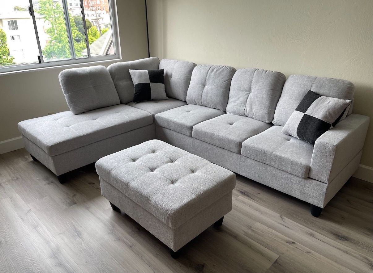 New Sectional + Storage Ottoman — Left or Right Chaise — Delivery Available