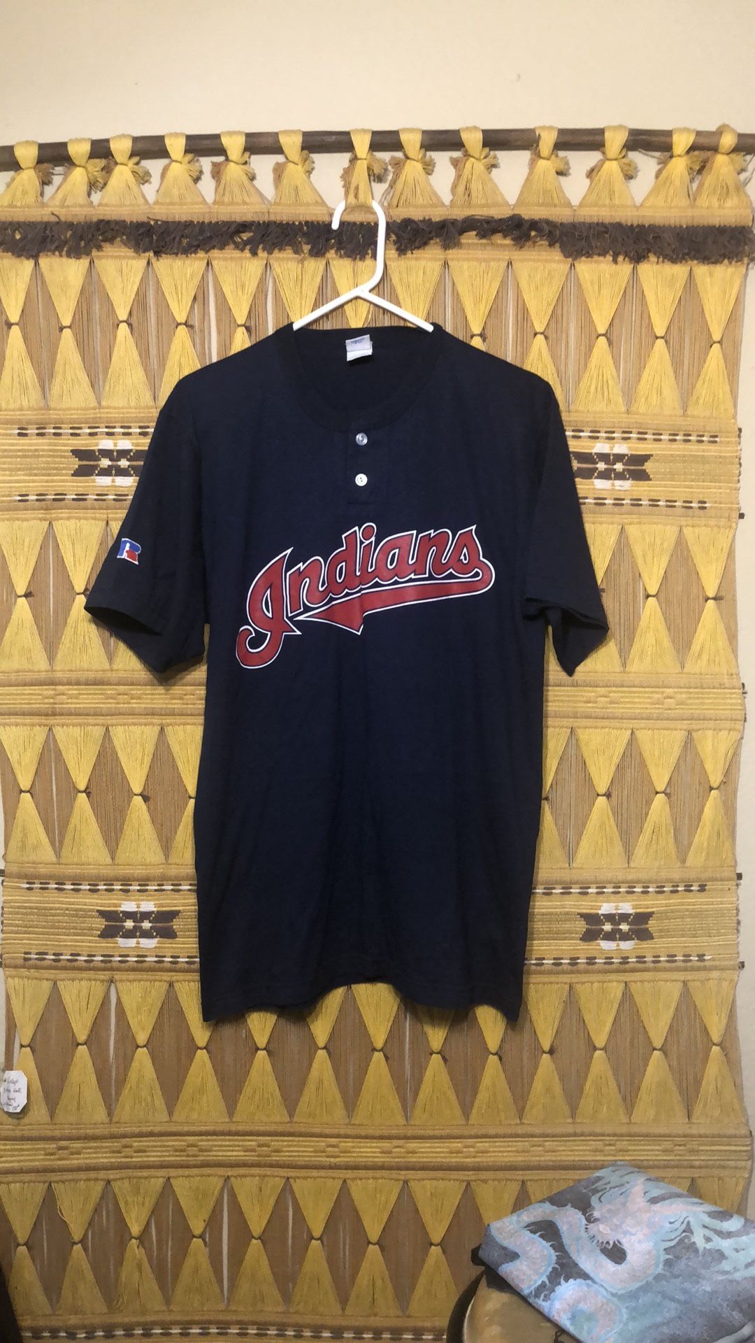 Vintage Large Cleveland Indians Russell baseball t-shirt used great condition navy blue buttons on front number 21 on the back old Russell sports athl