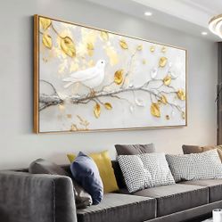 Solid wood frame abstract Wall Art White bird with golden leaves abstract24x48