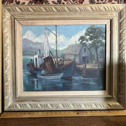 Vintage Oil Painting Boats Signed By Artist 