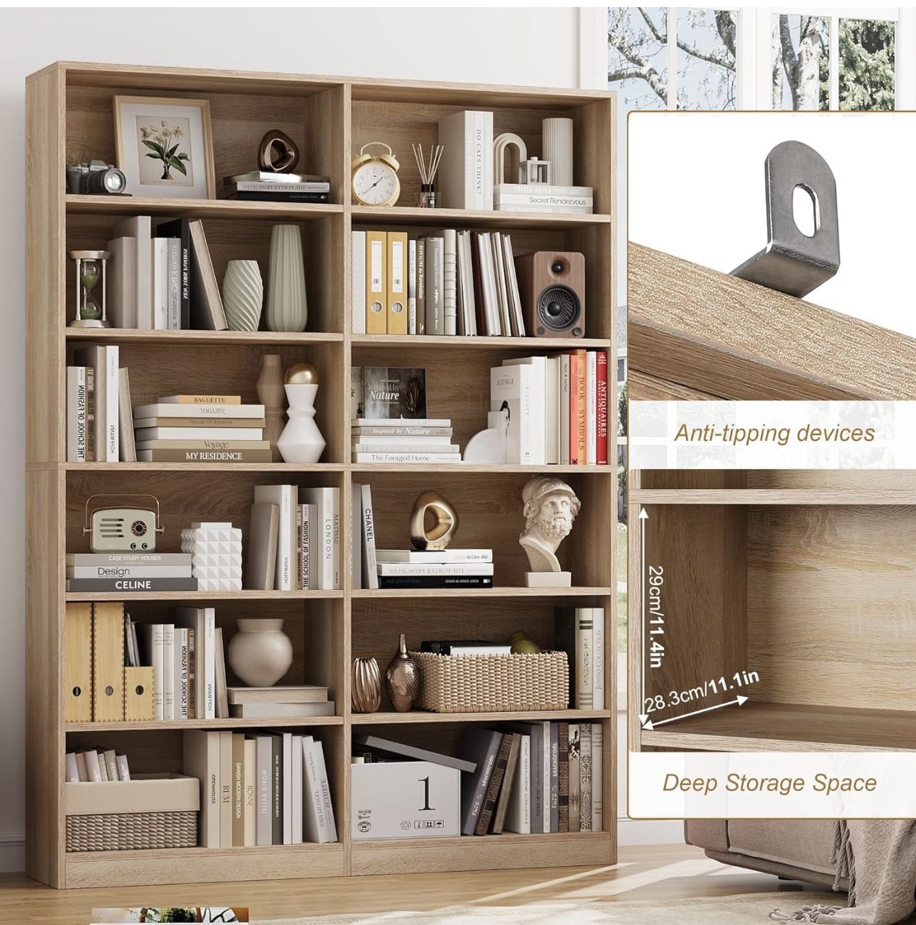 Bookshelf and Bookcase, 6-Tier Double Wide Bookshelves,Freestanding Display Storage Shelves, Tall Bookcases for Home Decor Bedroom, Living Ro