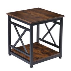 Industrial End Table Side Table with 2-Tier Storage Shelf, 18'' Square Nightstand Bedside Table X-Design Metal Frame for Living Room Bedroom, Rustic B