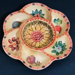 Vintage Italica Ars Italy 12" Hand Painted 7-Part Divided Serving Dish Sunflower Center